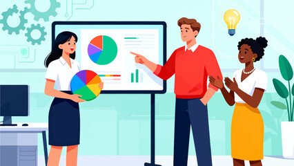 Team presenting data with charts and graphs