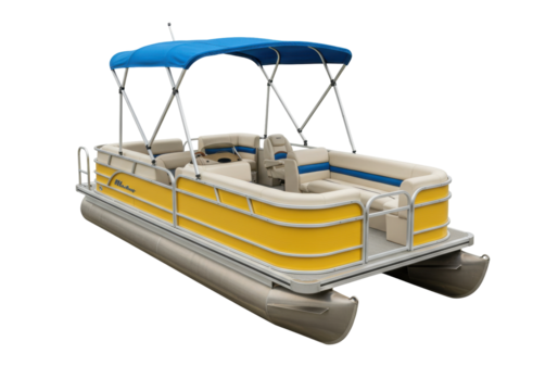 Isolated pontoon boat for water recreation with yellow panels and blue canopy, clean look