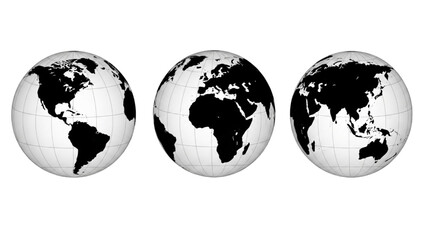 Black Silhouette Transparent Globe Set with World Map Rotation Icons on Transparent Background