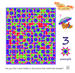 Star puzzle. Can you find 3 stars hidden in the picture that match the example? Game Seek and Find. Logic game with geometric illusions. Develop spatial thinking. Brain teaser book. Vector image.