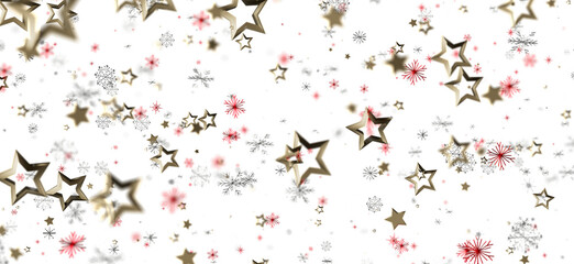 A bright and cheerful Christmas background featuring golden stars and delicate snowflakes on white. Perfect for holiday designs, cards, and seas