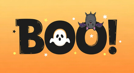 Orange background with black lettering "BOO!" A ghost and bat add a playful Halloween touch, ideal for festive designs and greetings