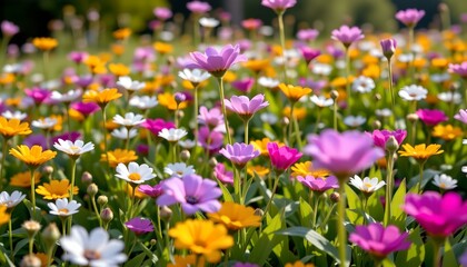 Fototapeta premium A vibrant field of flowers with multicolored blooms, creating a lush carpet against a clear sky.