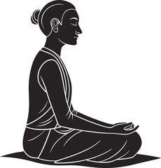 Black vector silhouette of a woman in a relaxing lotus yoga pose, perfect for meditation and wellness illustrations
