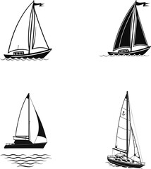 A vector set of sailing ships and boats cruising on the sea for sport and travel