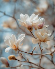 Elegant ivory blossoms blooming in the spring against a soft blue sky.