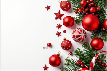 Festive red Christmas ornaments and decorations on a pristine white background, seasonal, snowflake