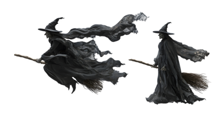 Eerie witches soaring through the night on brooms, cloaked in mystery, perfect for Halloween designs, fantasy art, or spooky themed events, horror nights