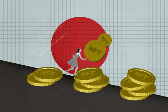 Collage depicting nft trading success and digital freelance income in a modern economic business online concept - Powered by Adobe
