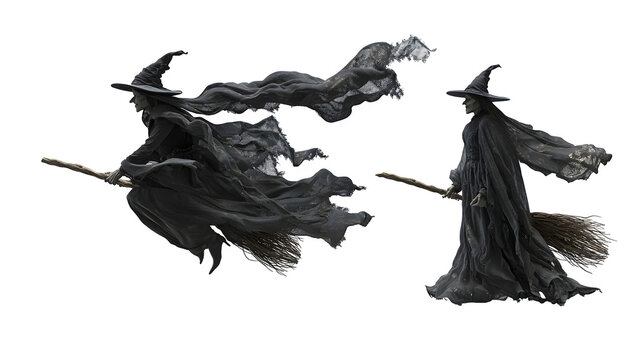 Eerie witches soaring through the night on brooms, cloaked in mystery, perfect for Halloween designs, fantasy art, or spooky themed events, horror nights