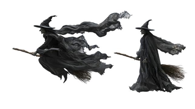 Eerie witches soaring through the night on brooms, cloaked in mystery, perfect for Halloween designs, fantasy art, or spooky themed events, horror nights