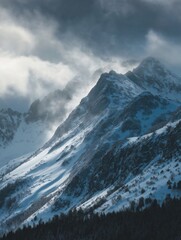 Snowy Peaks: Dramatic mountain range shrouded in ethereal cloud cover.
