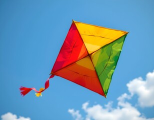 A vibrant kite soaring in the sky against a backdrop of a clear blue sky with wispy clouds