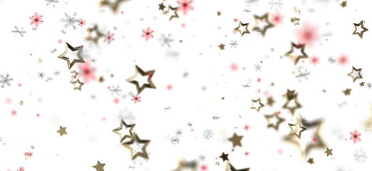 A whimsical winter holiday background with floating golden stars snowflakes and red accents on white. Perfect for Christmas, New Year or winter