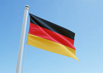 Germany national flag waving proudly against a blue sky background. Perfect for editorial use, design, educational material, cultural projects, or presentations highlighting German national pride and 