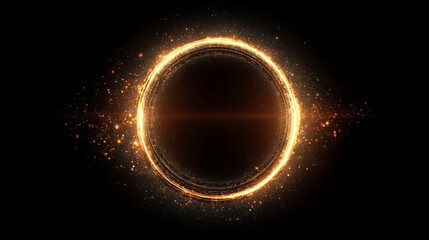 Glowing sci-fi energy portal. Golden circular ring with sparks on black background. Perfect for teleport effects, space designs, futuristic technology, and fantasy overlays --chaos 15 --ar 9:16 --styl