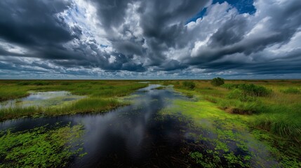Stormy Skies over Wetlands: A landscape of contrasting lights and shadows.