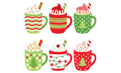 Christmas Hot Cocoa Mug Clipart Set - Red and Green Candy Cane Cups