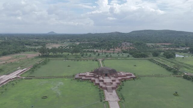 Aerial drone view of Vikramshila University ruins in Bihar, India. Ancient Buddhist learning center showcasing symmetrical monastery layout, historic architecture, and archaeological heritage from abo
