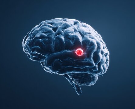 Rendered, translucent brain model in profile view, highlighting a red, glowing area