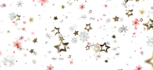 Festive abstract background featuring falling snowflakes and stars, perfect for Christmas and holiday designs. White background with sparkles, c