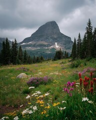 Mountain Peak Overlooking a Meadow of Wildflowers on a Cloudy Day
