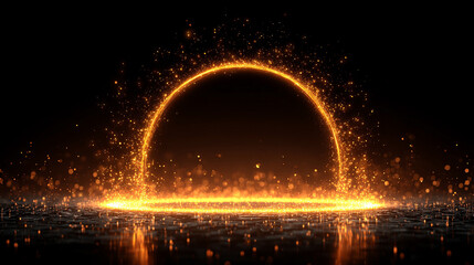 Glowing sci-fi energy portal. Golden circular ring with sparks on black background. Perfect for teleport effects, space designs, futuristic technology, and fantasy overlays --chaos 15 --ar 9:16 --styl