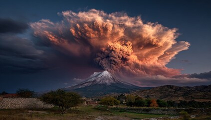 Fototapeta premium A towering volcano erupts, sending a massive plume of smoke and ash into the atmosphere