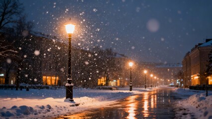 Snow falls gently on a quiet street with warm lights during a winter evening