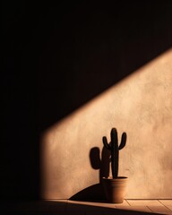 Cactus silhouette against textured wall, light and shadow play.