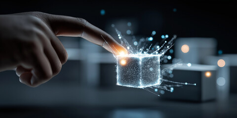 Hand interacts with glowing digital cube, symbolizing futuristic technology and innovation. scene conveys sense of connection and advancement in digital world