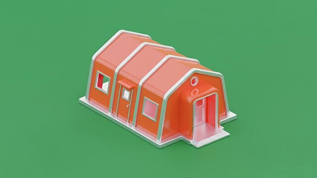 3D Model of an Orange Inflatable Emergency Tent Rotating on Green Screen.