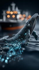 Digital whale with network pattern leaps from ocean, symbolizing intersection of marine life and technology, with ship in background