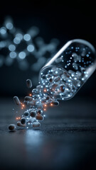 Futuristic depiction of pharmaceutical drug discovery, featuring transparent capsule with glowing particles and molecules, symbolizing innovation in medicine and virtual reality education