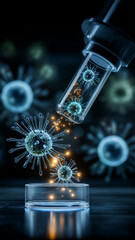 Futuristic depiction of pharmaceutical drug discovery using virtual reality, showcasing digital representation of viruses and pipette in laboratory setting