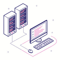 Isometric illustration of computer servers connected to a desktop computer with keyboard and mouse representing data processing and networking concepts