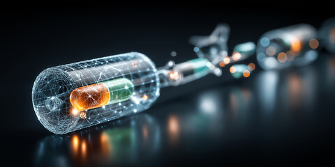 Futuristic digital representation of pharmaceutical capsule, showcasing glowing network of connections, symbolizes innovation medicine and technology. image conveys sense of advancement
