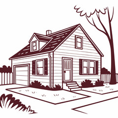 A detailed line drawing of a classic suburban house with a garage and wellmanicured lawn, a timeless representation of the american dream