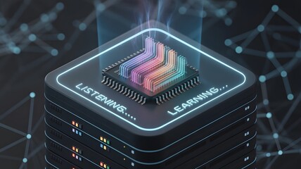 A digital illustration depicting a sleek, futuristic AI server rack glowing with a soft blue light.