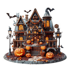 Spooky Haunted Halloween House with Jack-o'-Lanterns and Bats
