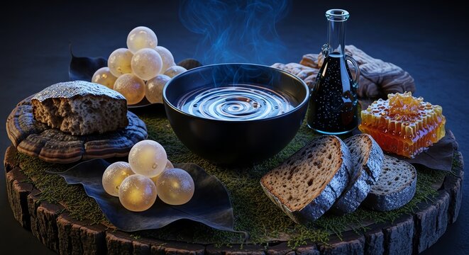 Mysterious alchemical elixir brewed in a dark cauldron surrounded by natural ingredients