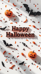 Happy Halloween 3D Text with Pumpkins, Bats, and Autumn Leaves on White Background