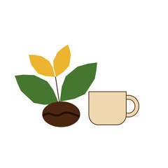 A stylized illustration depicts a coffee bean sprouting green and yellow leaves next to a simple beige coffee cup.