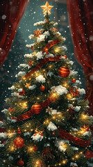 Magical Christmas Tree with Snow, Red Ribbons, and Twinkling Lights