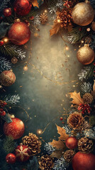Elegant Christmas Holiday Background with Ornaments, Pine Cones, and Fairy Lights