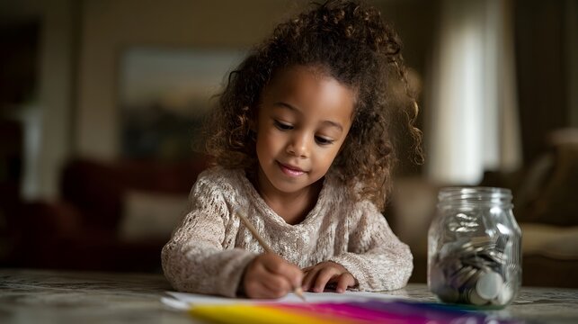 Young child drawing with pencil near savings jar and colorful pencils