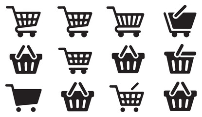 Collection of shopping cart and basket silhouette icons for e-commerce, online retail, and supermarket business design.