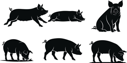Naklejka premium Pig silhouettes in various natural poses including grazing, walking, sitting, and lying—farm animal vector set for agriculture and livestock themes