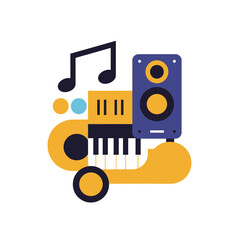 A colorful abstract illustration featuring musical instruments and audio equipment, arranged in a stylized design.