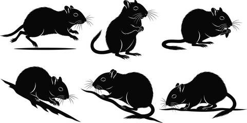 Gerbil silhouette vector set of six poses including running, standing, climbing, sitting, eating for wildlife, rodent, and nature illustration